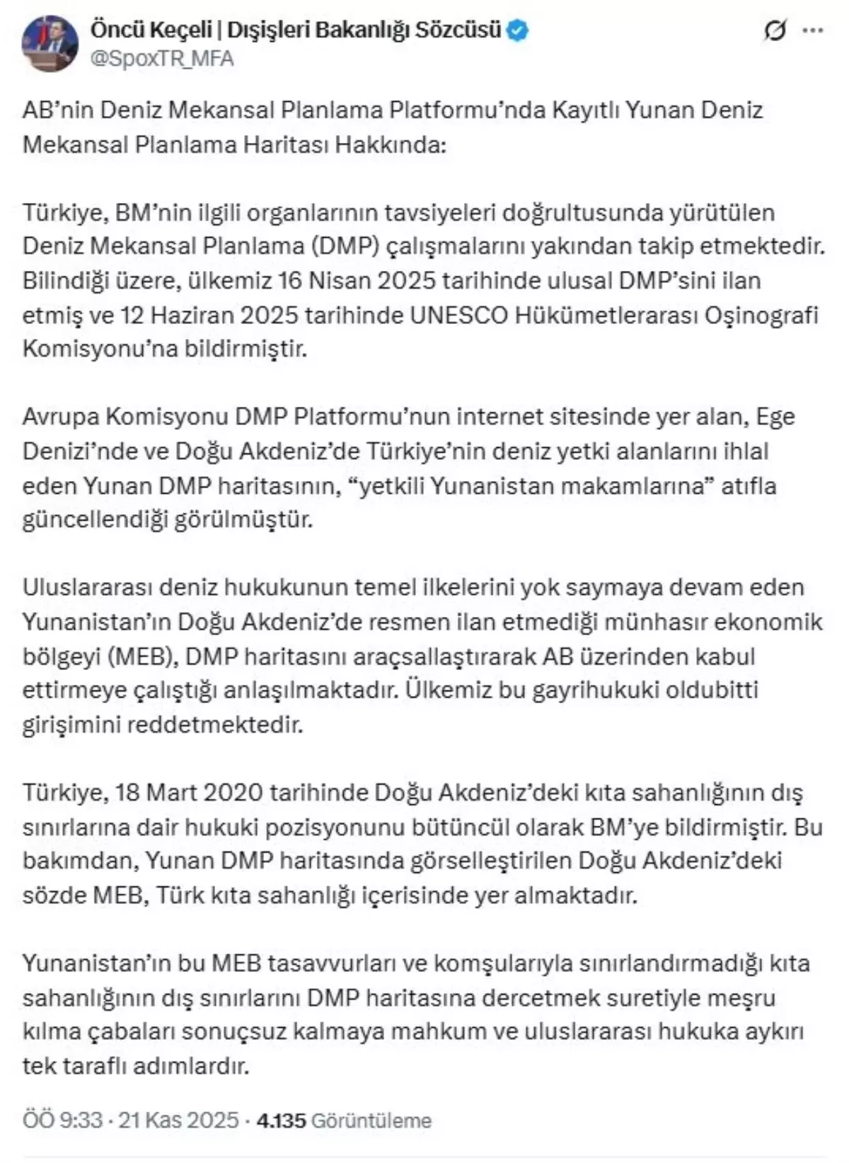 Türk Dışişleri: Yunan MEB İddiası Gayrihukuki